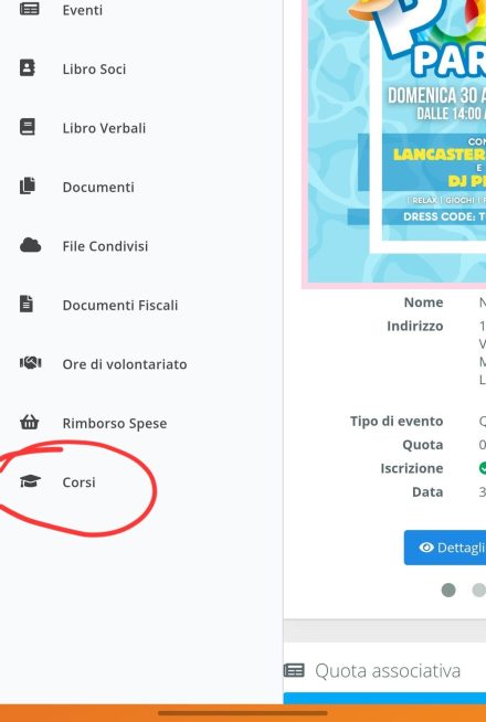 Portale Soci WindDOC, la voce Corsi nel menu laterale
