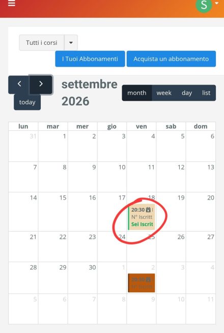 Portale Soci WindDOC, la lezione nel calendario mensile